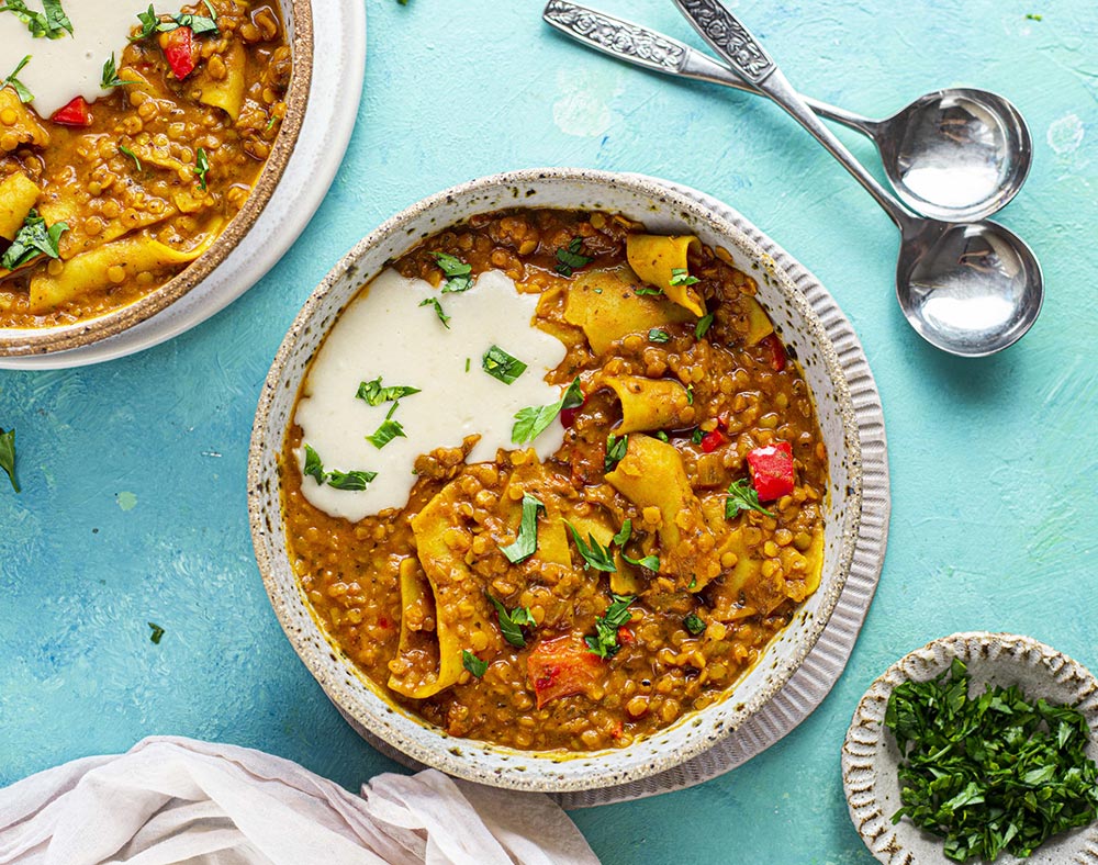 A lentil-heavy bowl of lasagne soup. 