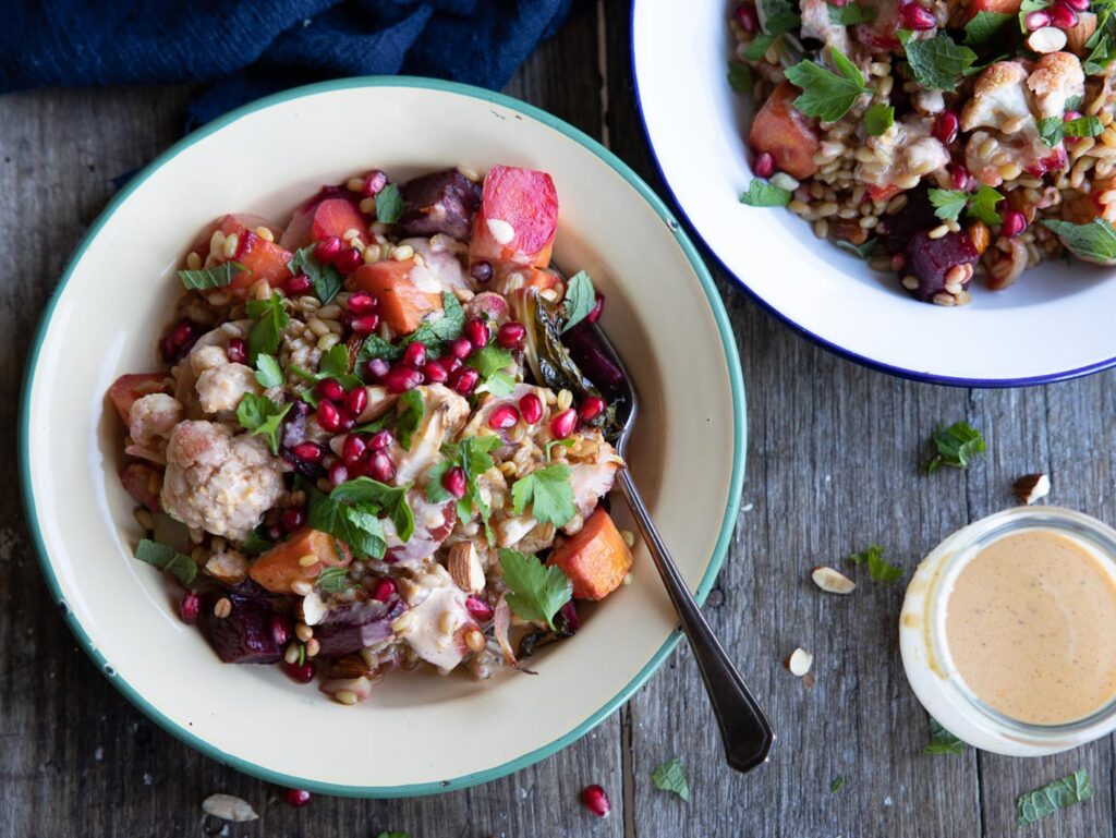 Farro & Roasted Winter Vegetable Salad with Tahini
