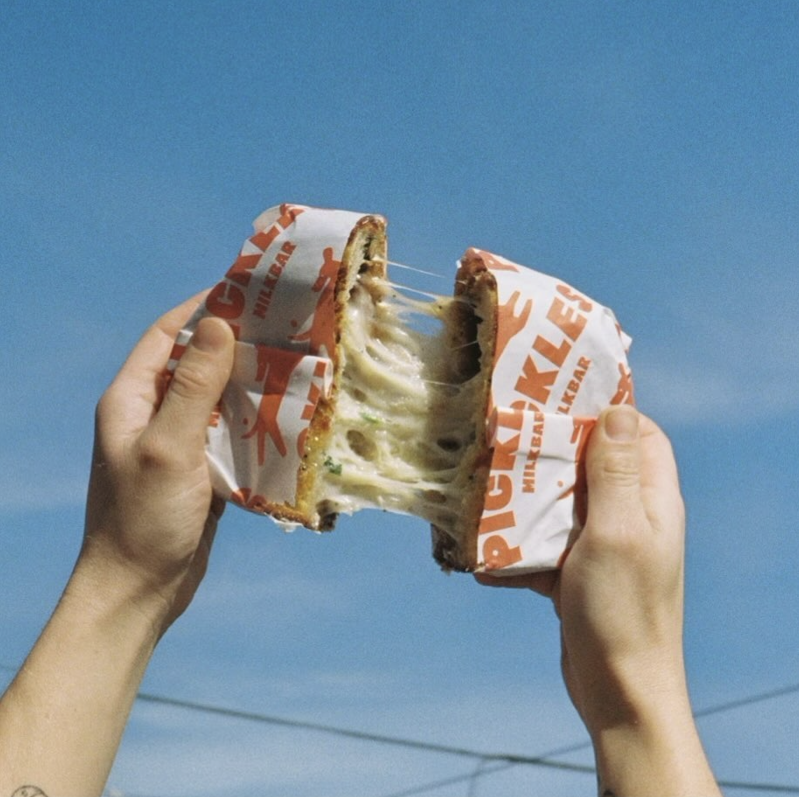 Someone holding a cheesy vegan sandwich in front of a blue sky