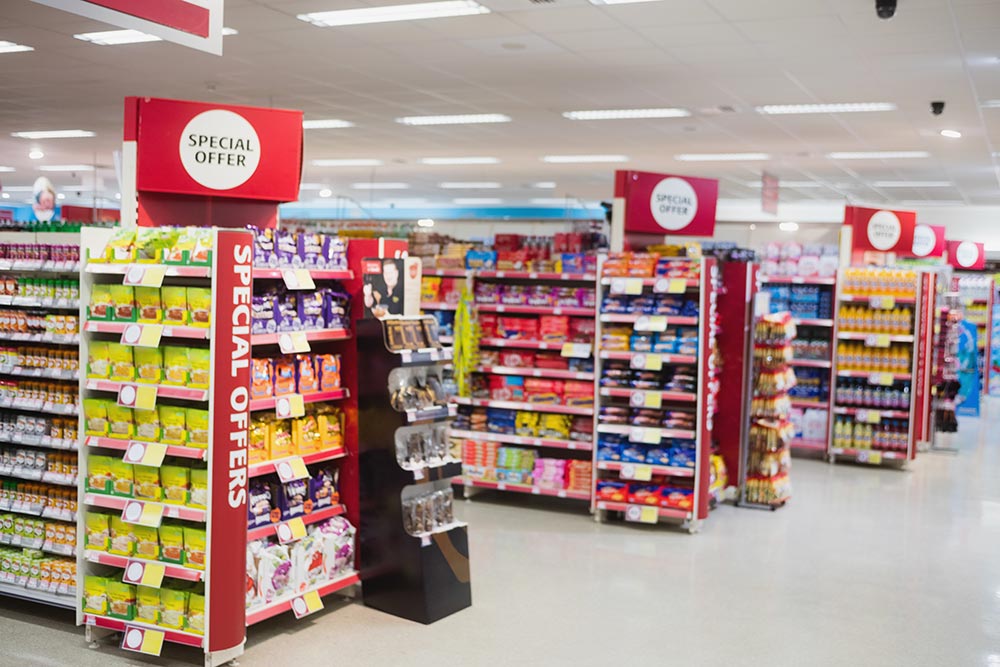 A view of the many aisles in the supermarket.