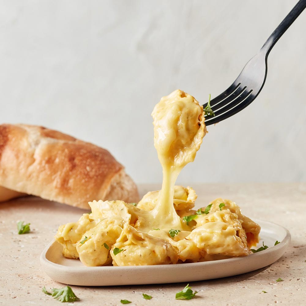 A small plate of creamy ravioli sits on a plate. A fork is lifting up one piece, showing how stretchy and melty the cheese is. 