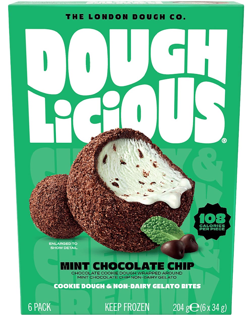 A green box of the Doughlicious Mint Chop Chip cookie dough gelato bites. 