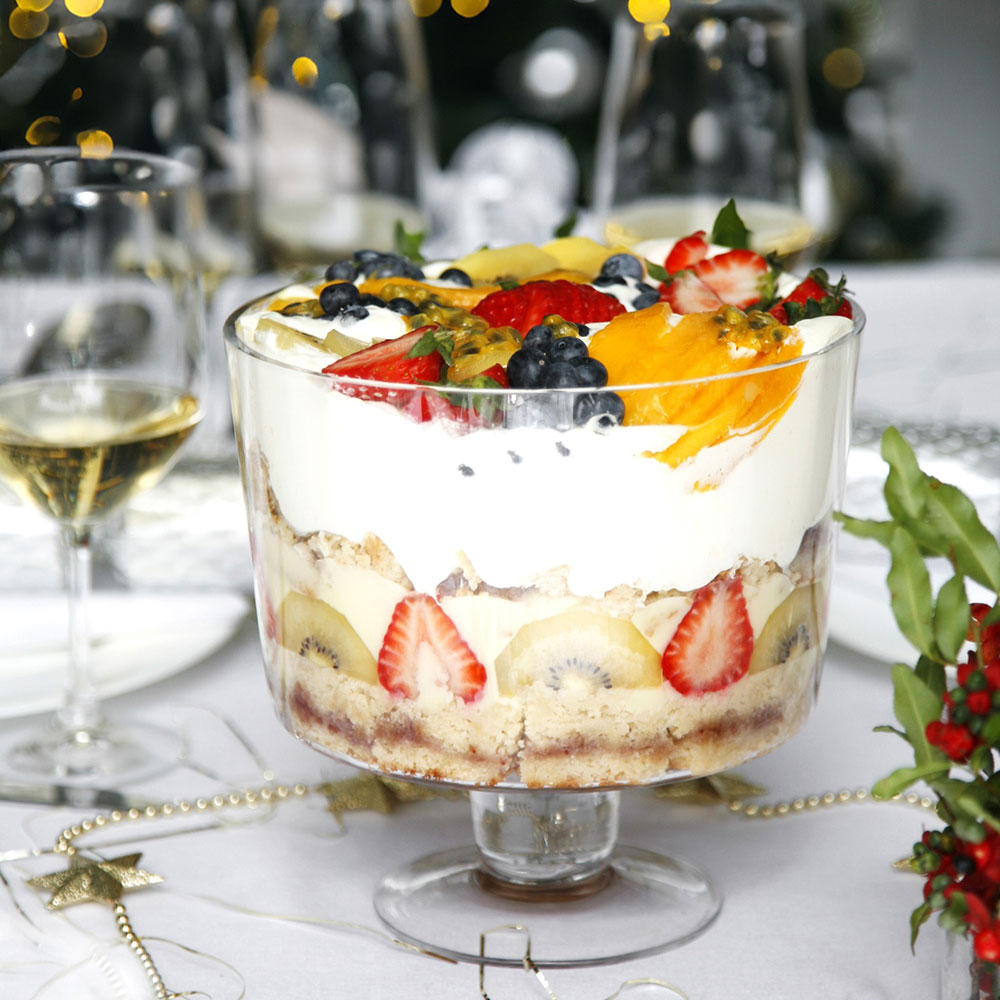 Trifle with fresh fruit, custard & cream.