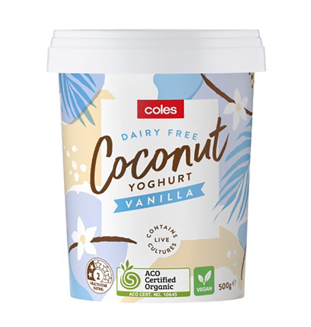 A stock image of the Coles brand dairy-free yoghurt in vanilla.