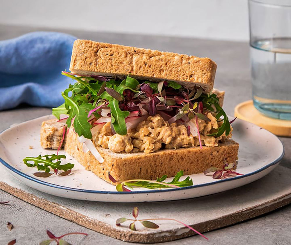 A Chickpea 'Tuna' and Lettuce Sandwich made with Bakers Delight's high protein loaf. 