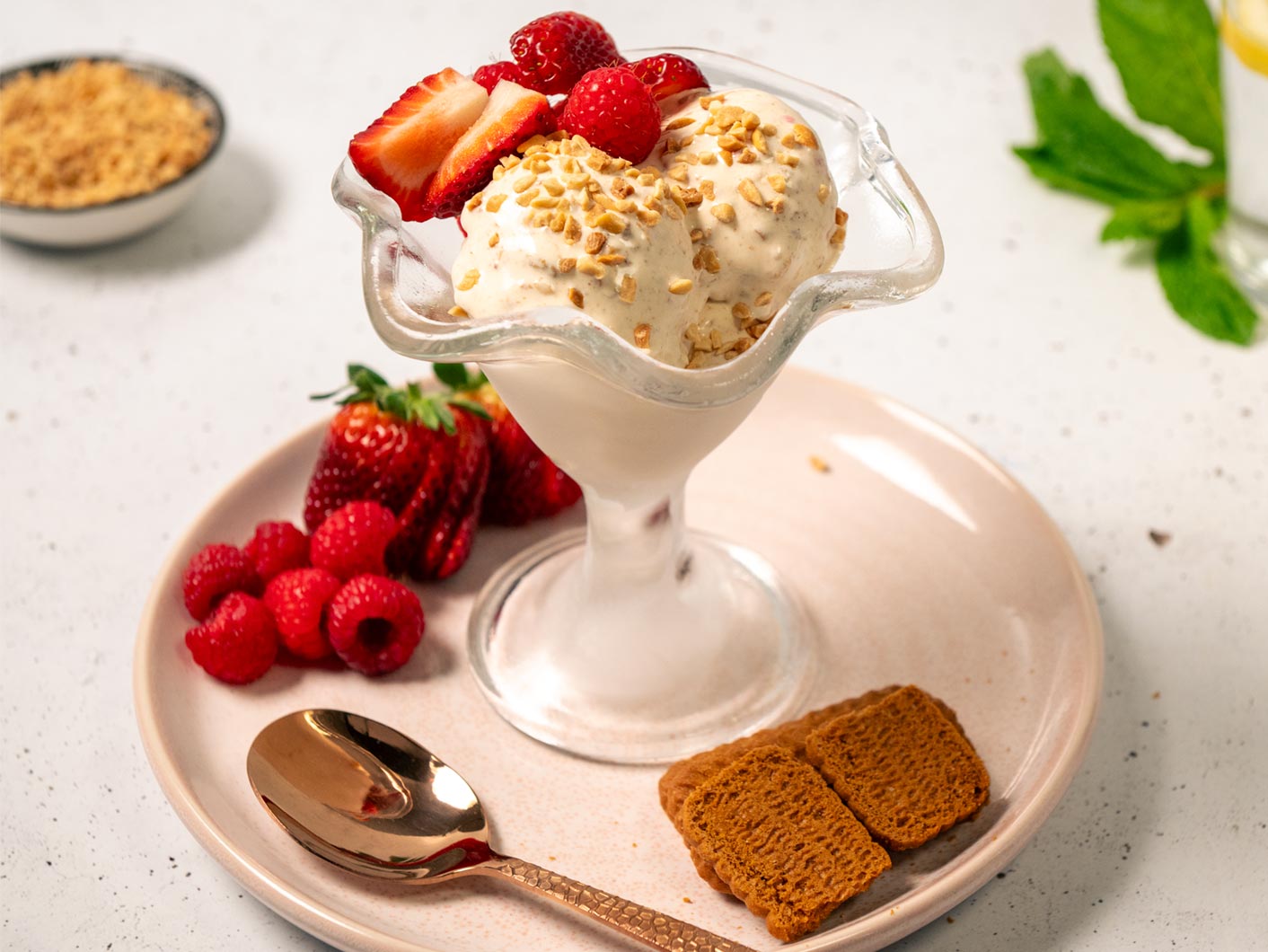 Biscoff Soft Serve with Peanut and Raspberry