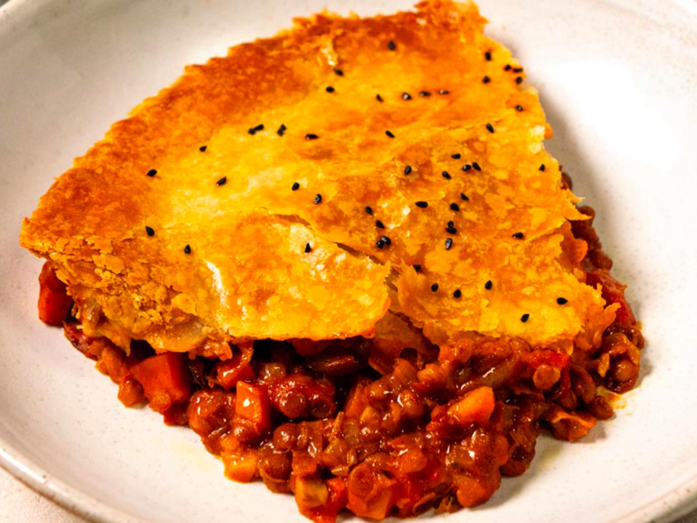 A close up image of the French lentil pot pie.