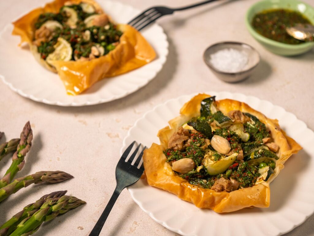 Asparagus & Zucchini Tarts with Salsa Verde