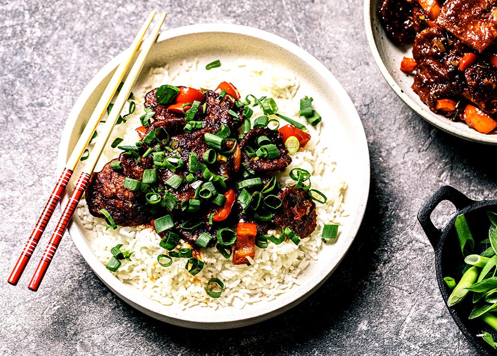 A chilli stir-fry with 'beef' strips made from TVP.