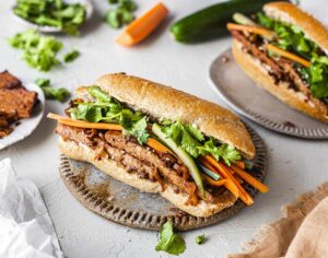 A bahn mi made with tempeh.