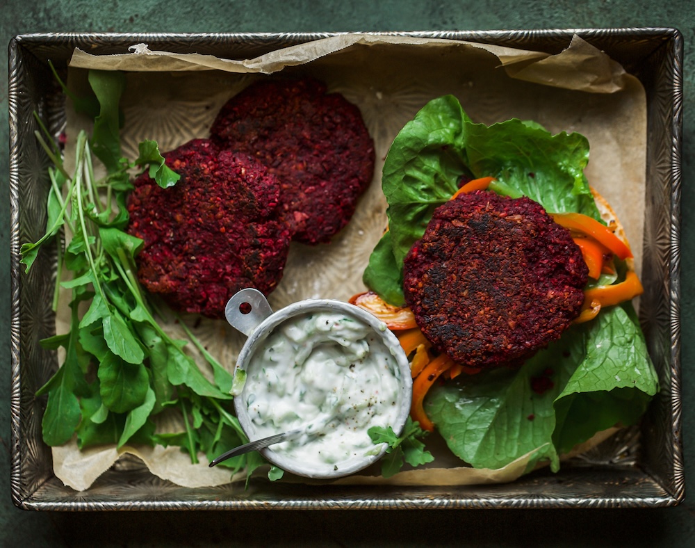 Fresh and healthy beetroot burgers with roasted capsicum & tzatziki 