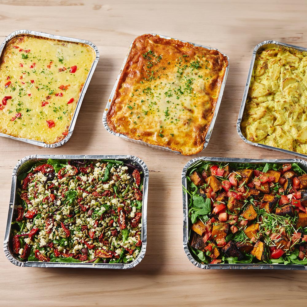 vegan-friendly restaurants Adelaide: Overhead shot of different hot and cold dishes on offer at Govinda's.