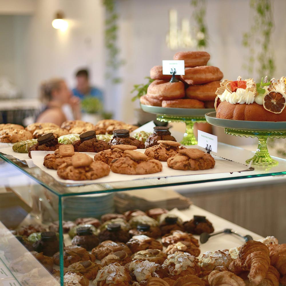 The display cabinet of cakes, pastries, and cookies at Dicki's.