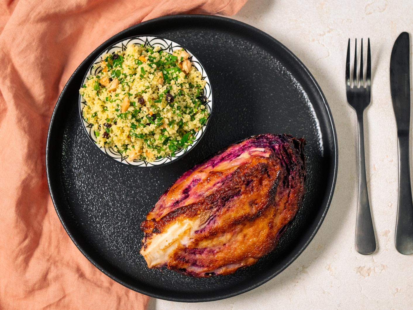 Roast Garlic Cabbage with Couscous Salad