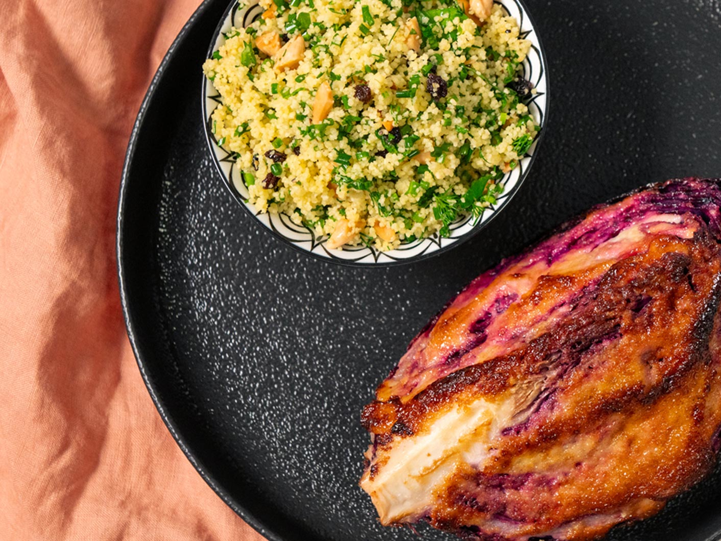 Roast Garlic Cabbage with Couscous Salad