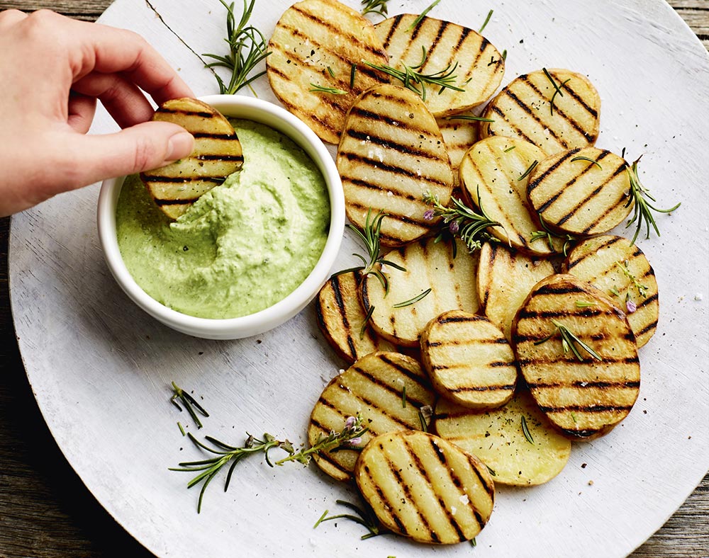 Vegan BBQ ideas: Grilled Potato Slices with Herbed Sour Cream