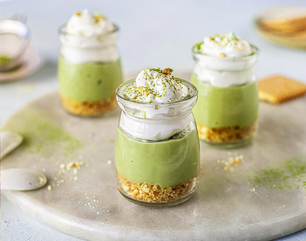 Vegan desserts: Three beautifully presented matcha mousse pots.