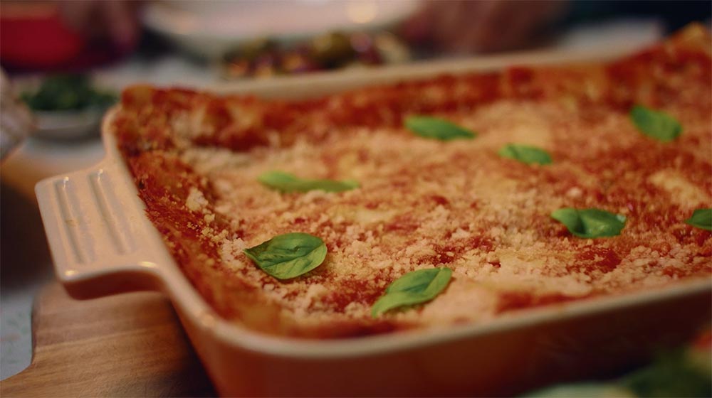 A close-up of a tray of Nanna Mirella's home-made lasagne.