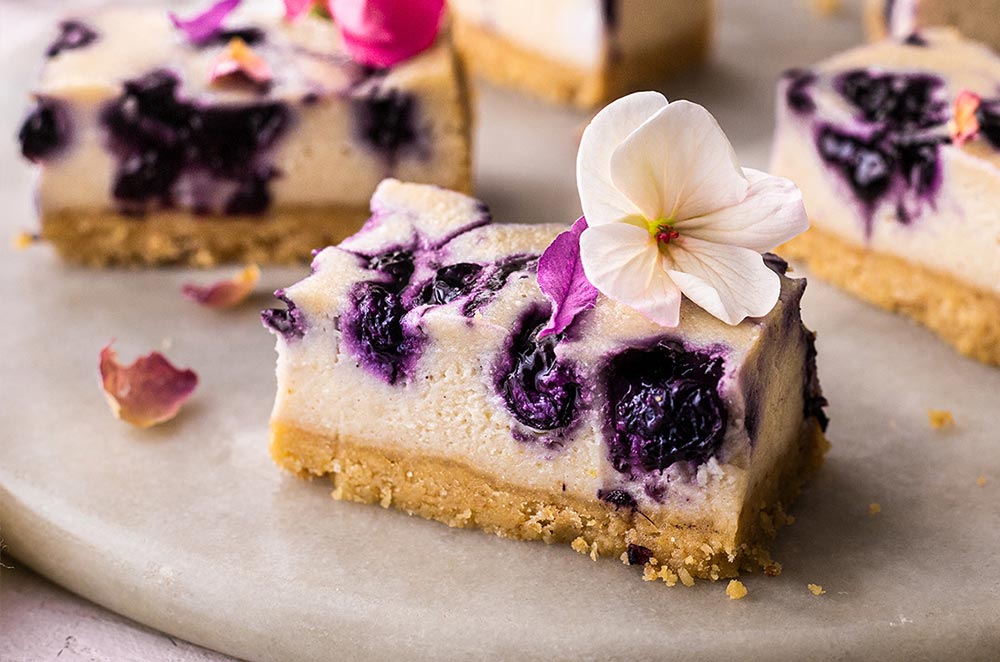 Close-up of a blueberry and lemon cheesecake bar, decorated with an edible white flower. 