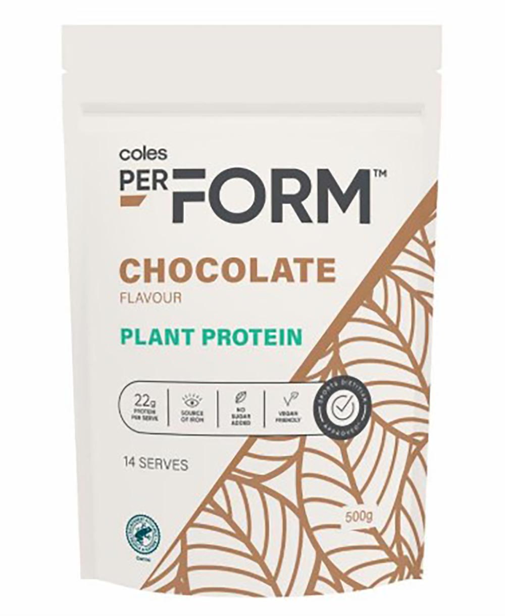 A stock image of Coles PerFORM chocolate plant protein powder.